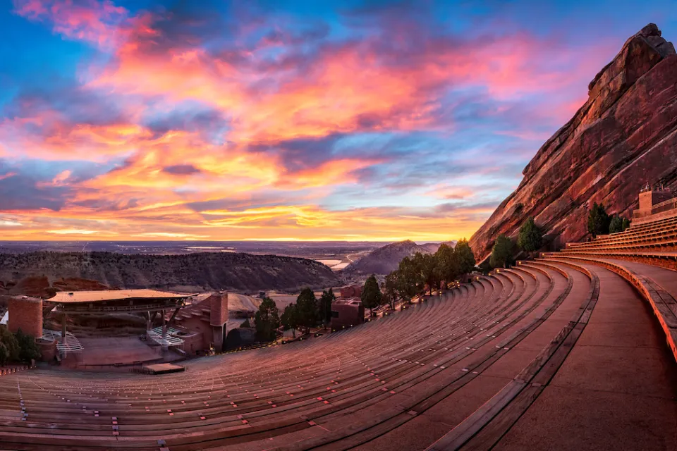 View of Red Rocks Amphitheater at sunset.